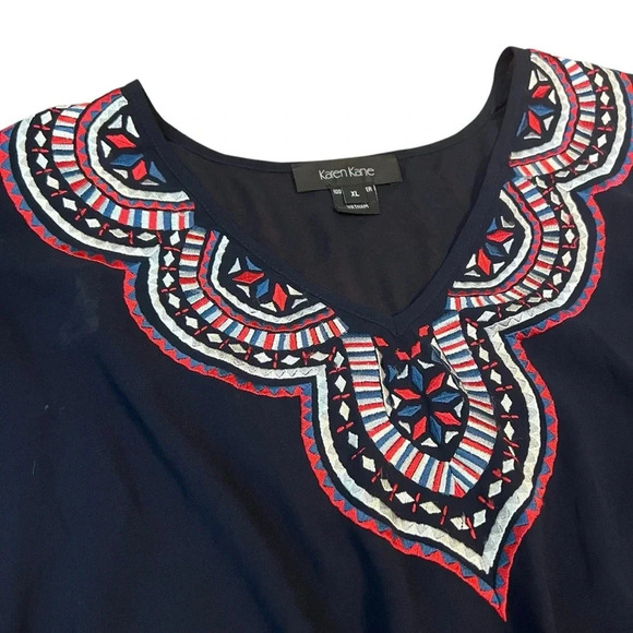 Karen Kane Sheer Navy Embroidered Tie Waist Blouse XL - Picture 3 of 6